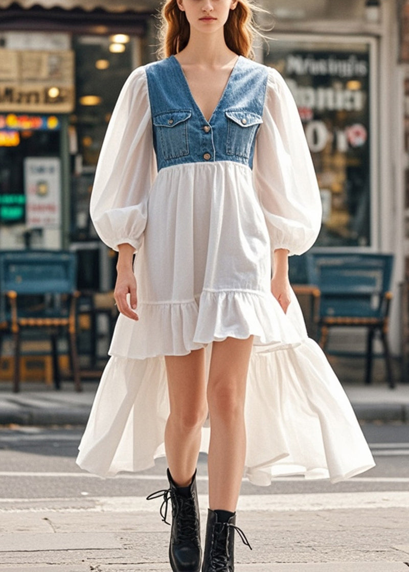 White Puff Sleeve Patchwork Denim Low High Design Cotton Dress Spring