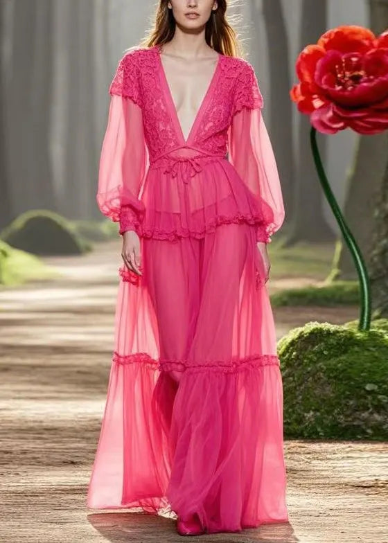 Rose V Neck Ruffled Lace Up Chiffon Long Dresses Spring