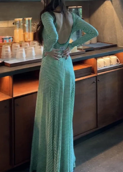 Green Striped Backless Cotton T Shirt Dress Long Sleeve