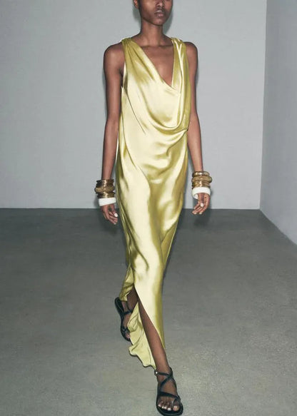 Italian Yellow Backless Side Open Silk Maxi Dress Sleeveless
