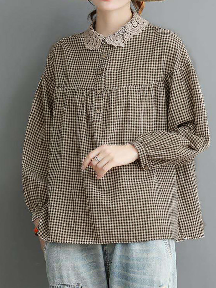 Loose Breasted Lace Plaid Tops