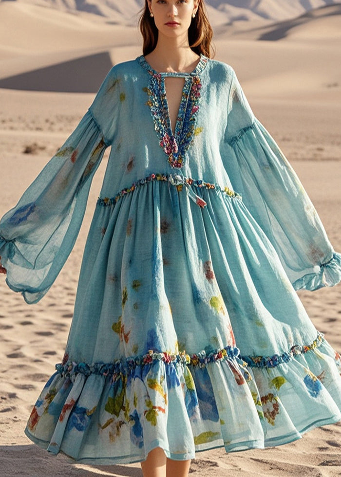 Blue Oversized Print Cotton Beach Dress Fall