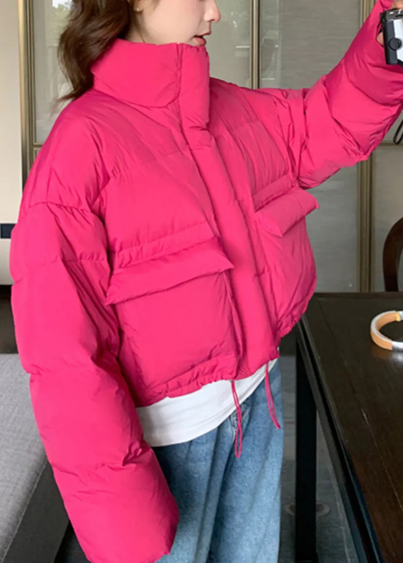 Loose Rose Stand Collar Pockets Drawstring Duck Down Puffer Coat Winter