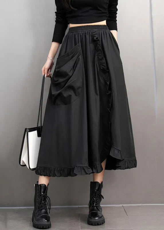 Stylish Black Ruffled Patchwork Pockets Elastic Waist a Line Skirts Spring