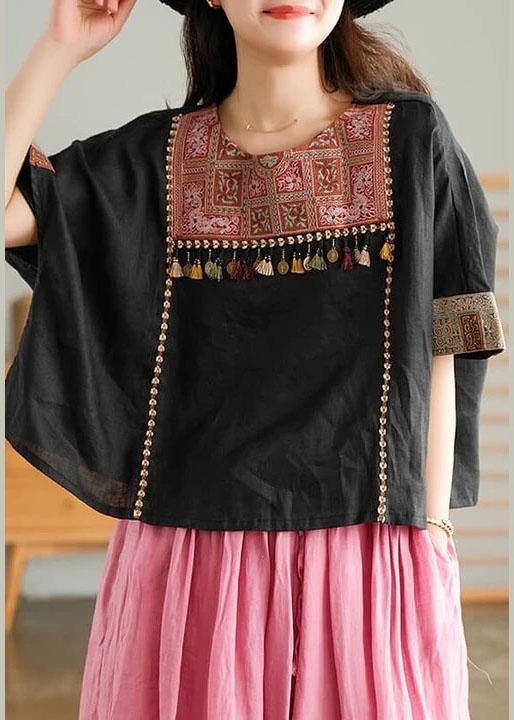 Black Embroidered Linen T-shirt