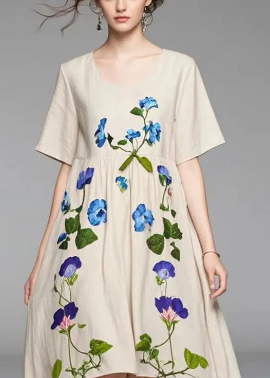 Beige Asymmetrical Print Cotton Vacation Dresses Summer