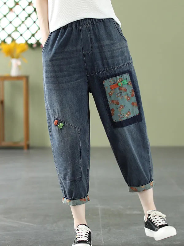 Artistic Retro Applique Denim Pants