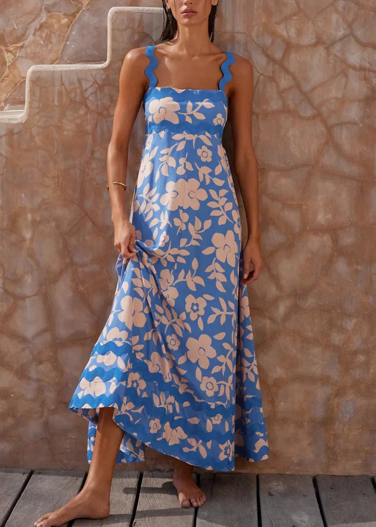 Blue Print Cotton Spaghetti Strap Dresses Summer