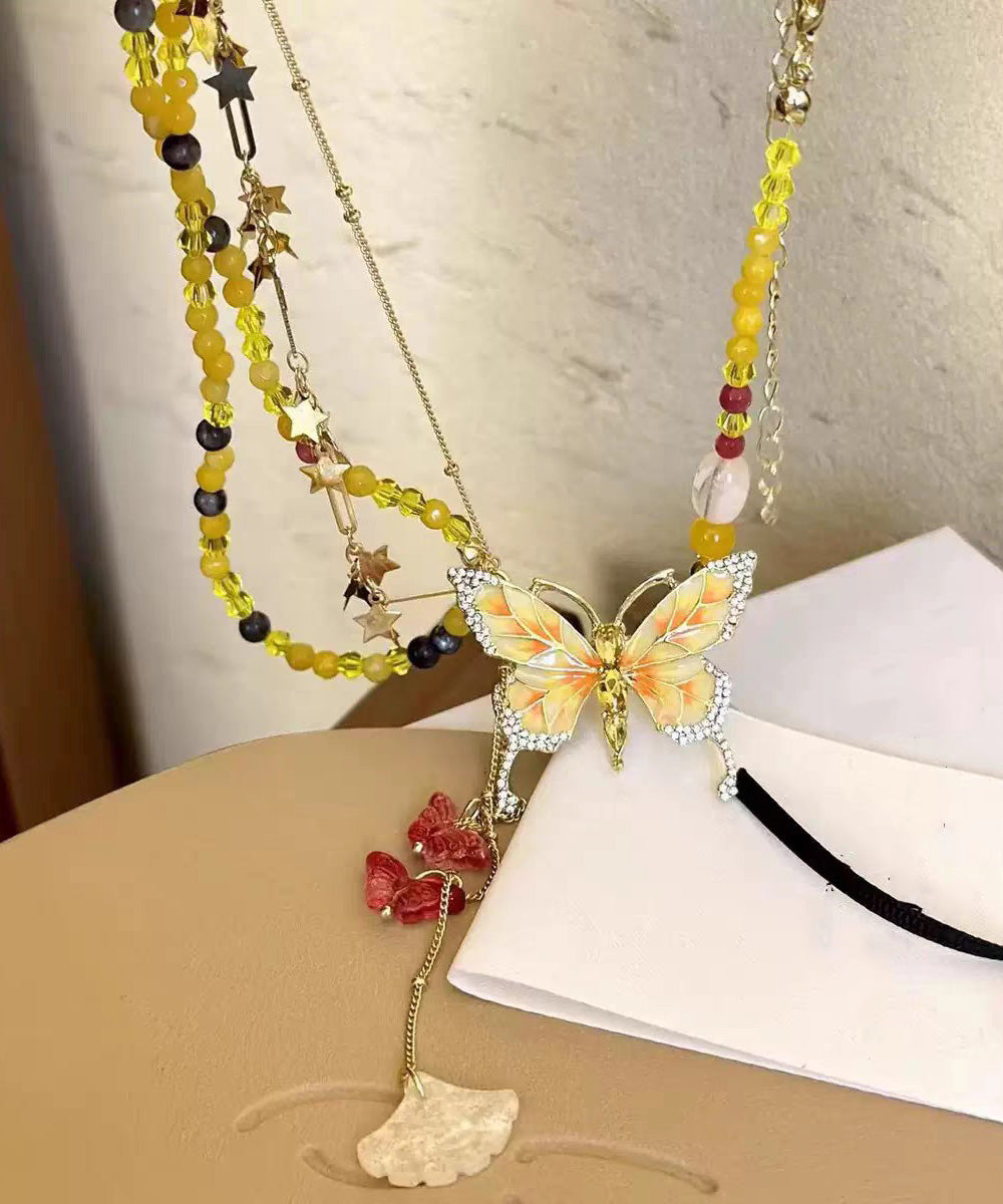 Yellow Alloy Zircon Beading Butterfly Star Pendant Necklace