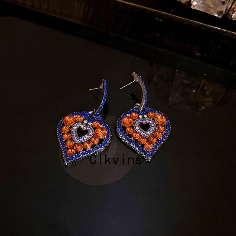 Colorblock Alloy Zircon Love Hollow Out Drop Earrings