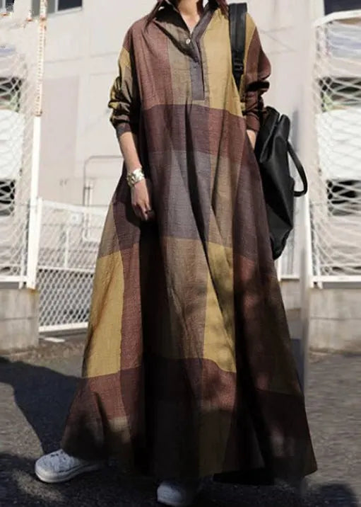 Yellow Peter Pan Collar Plaid Cotton Dress Long Sleeve