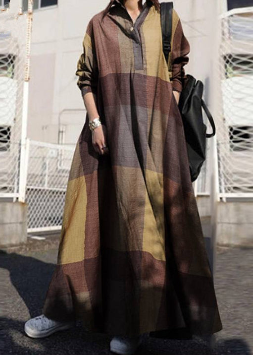 Yellow Peter Pan Collar Plaid Cotton Dress Long Sleeve
