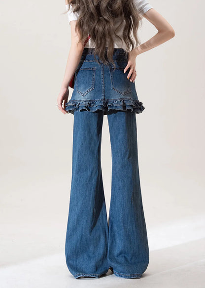Blue Ruffled Pockets Patchwork Denim Flared Trousers Fall