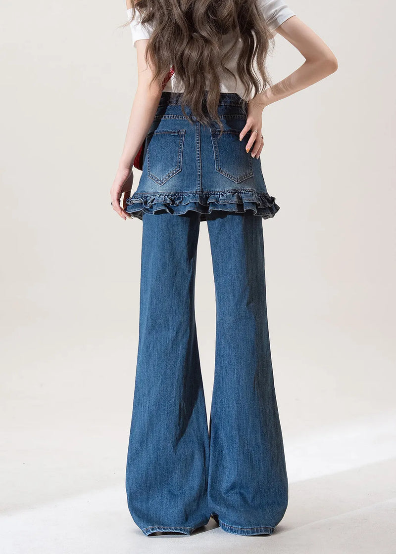 Blue Ruffled Pockets Patchwork Denim Flared Trousers Fall