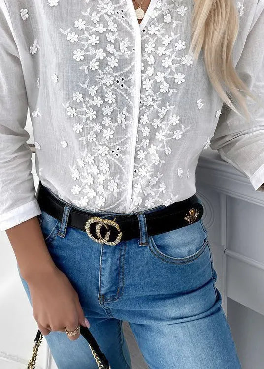 White V Neck Embroidered Cotton Blouse Tops Spring