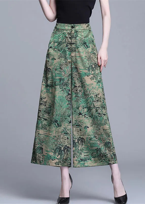 Green High Waist Print Silk Wide Leg Pants Summer