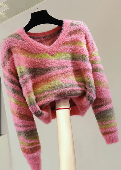 Green V Neck Thick Striped Cotton Knit Sweater Winter