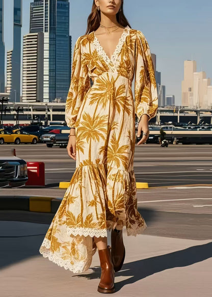 Khaki Print Patchwork Lace Vacation Dresses Spring