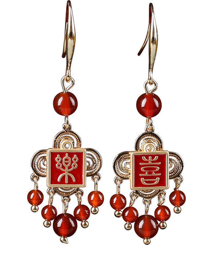 Style Red Copper Agate Cloisonne Graphic Drop Earrings