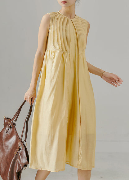 Yellow Wrinkled Backless Cotton Maxi Dresses Sleeveless