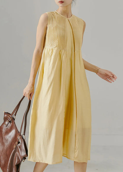 Yellow Wrinkled Backless Cotton Maxi Dresses Sleeveless