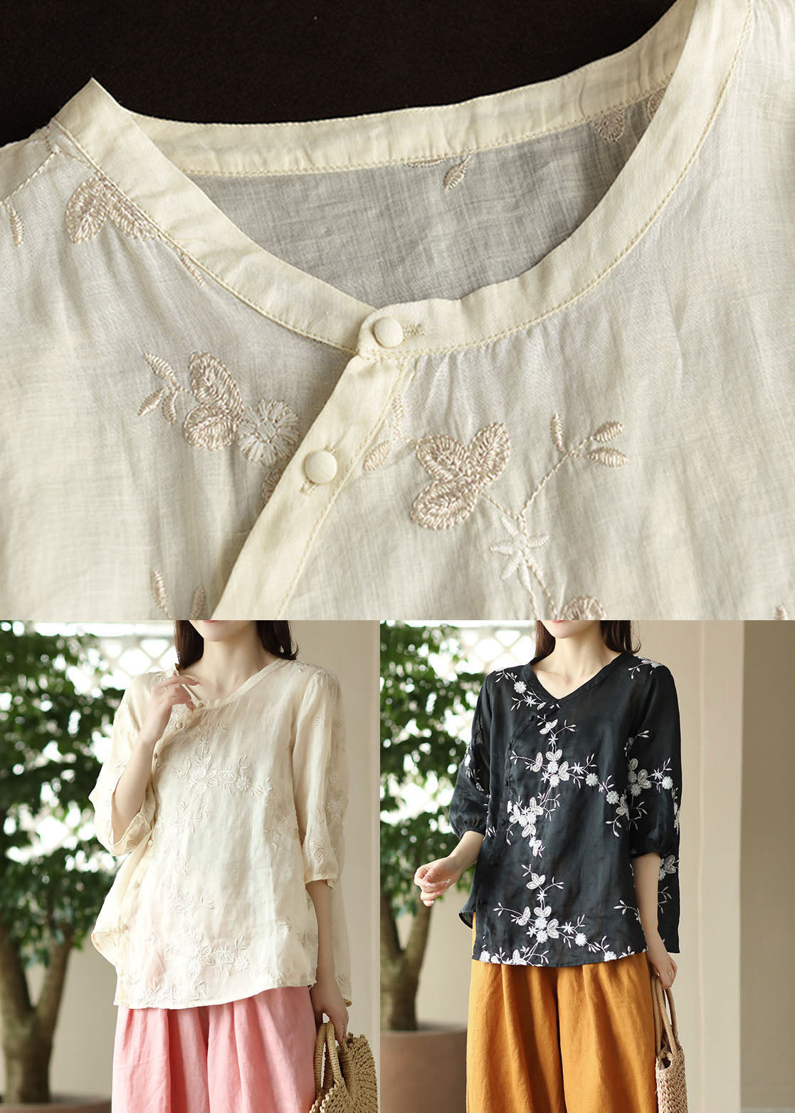 Black Patchwork Linen Top O-neck Embroidered Button Summer