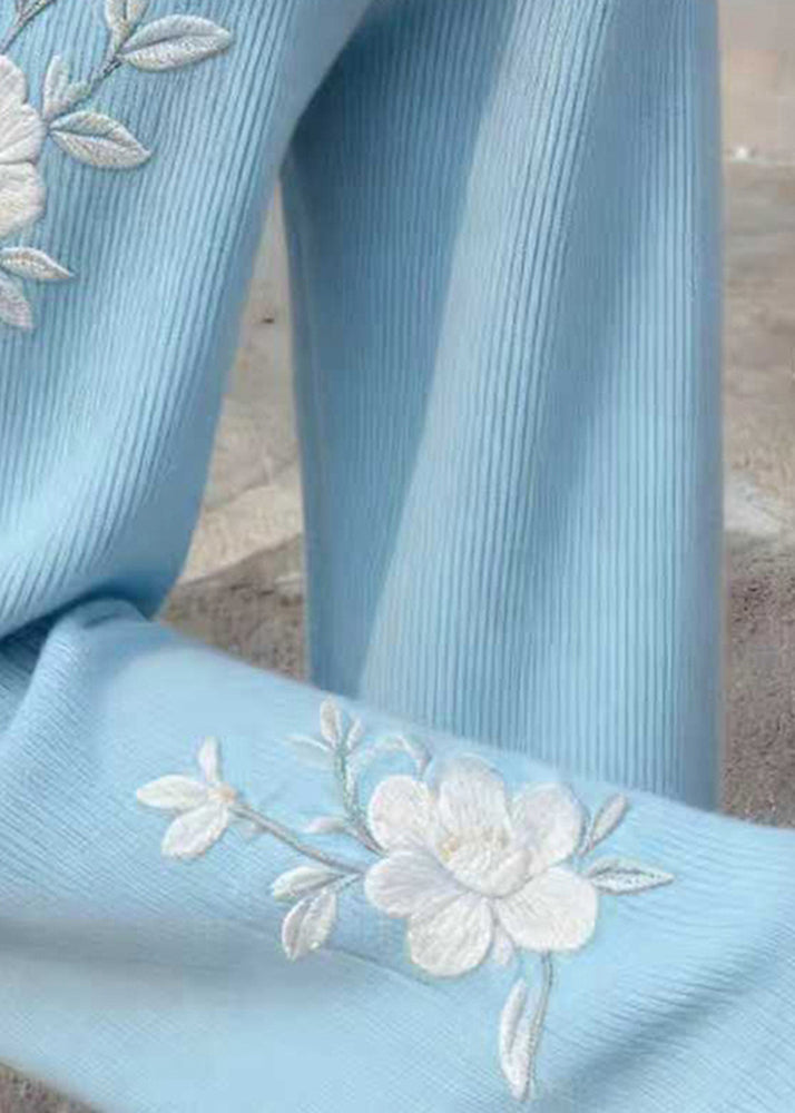 Art Blue Embroidered Knit Straight Pants Spring