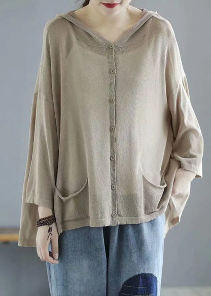 Modern Khaki Hooded Low High Design Pockets Linen Knit Upf 50+ Coat Summer
