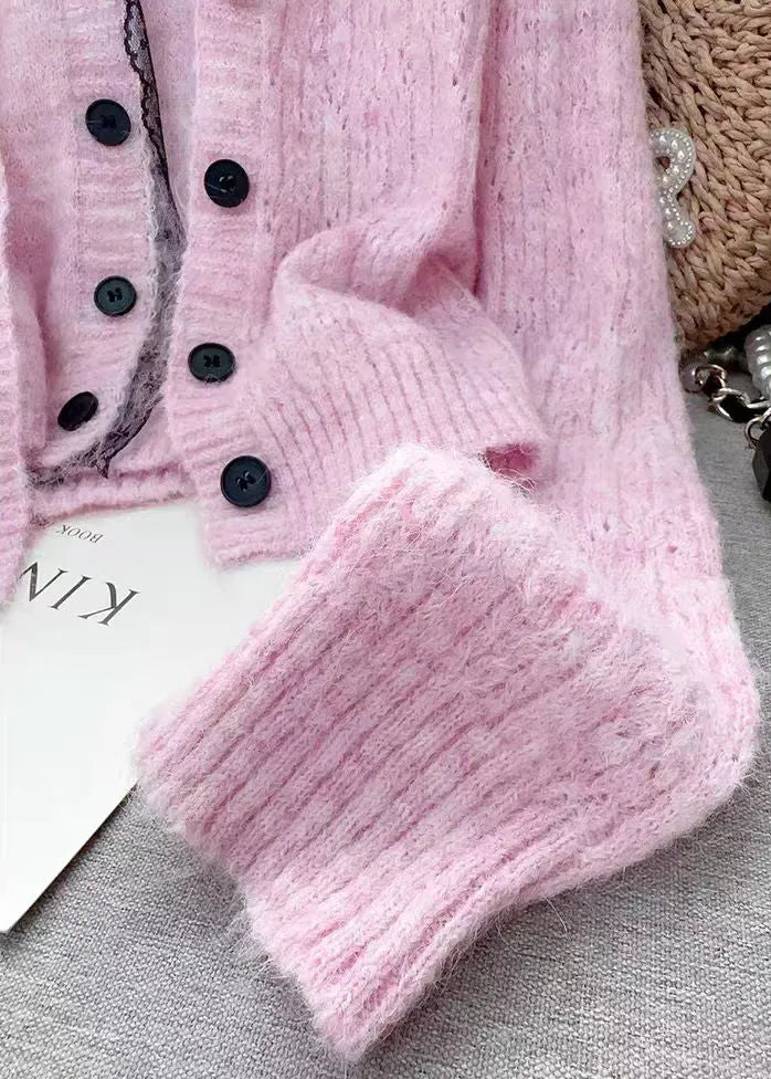 Modern Pink Lace Patchwork False Two Pieces Knit Sweaters Fall