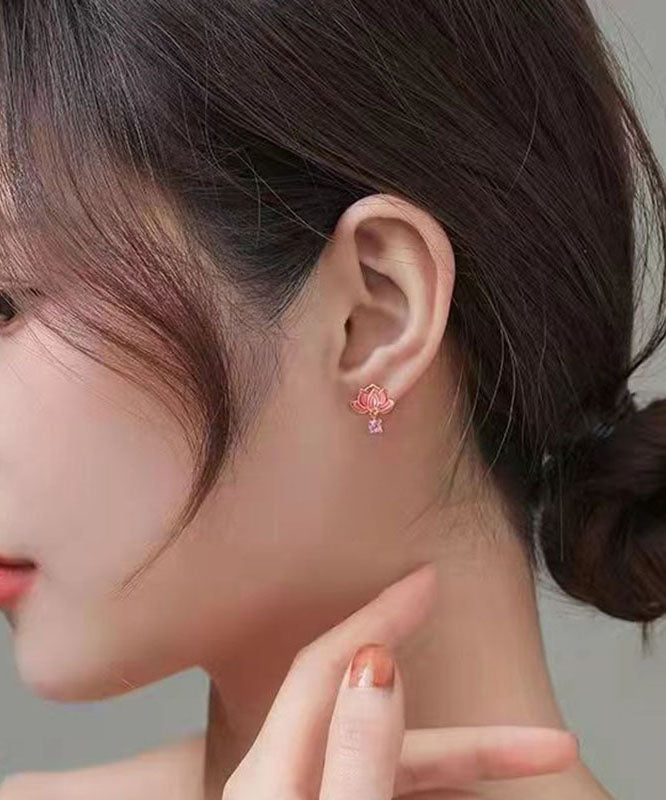 Diy Pink Sterling Silver Overgild Inlaid Zircon Enamerl Stud Earrings