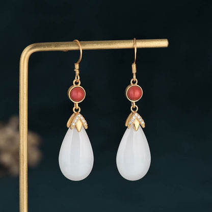 Buddha Stones Fengshui White Jade Luck Drop Earrings
