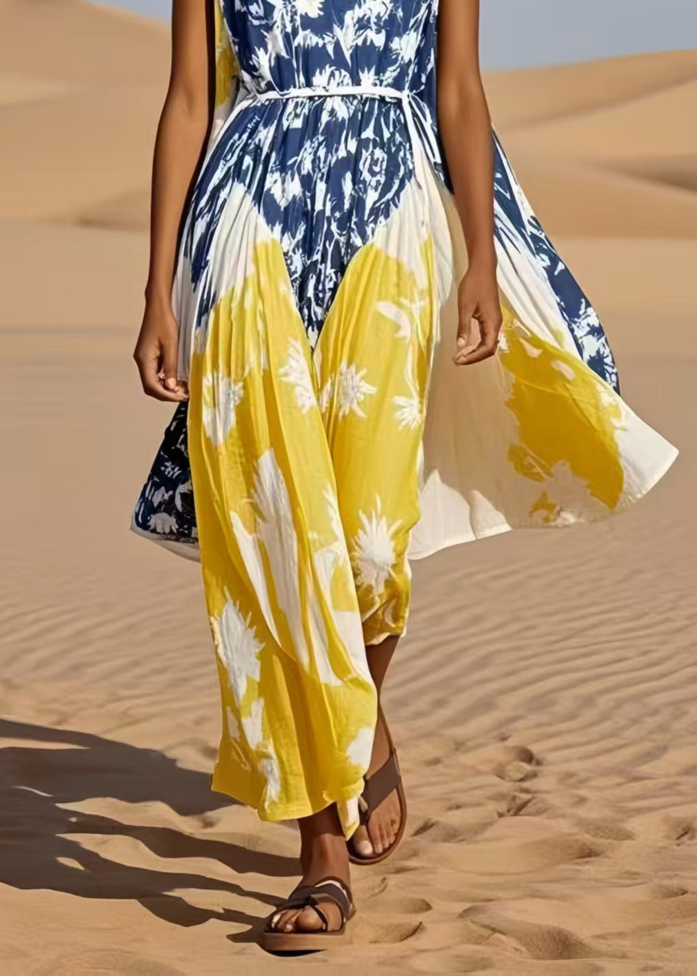 Colorblock Cinched Print Cotton Maxi Dress Sleeveless