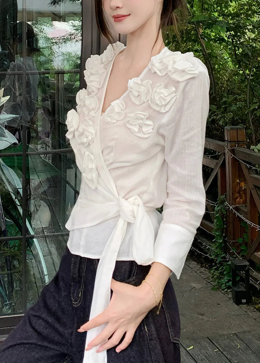 Slim Fit White V Neck Lace Up Cotton T Shirt Fall