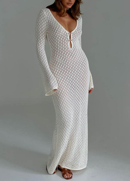European and American Style White V Neck Hollow Out Knit Long Dress Spring