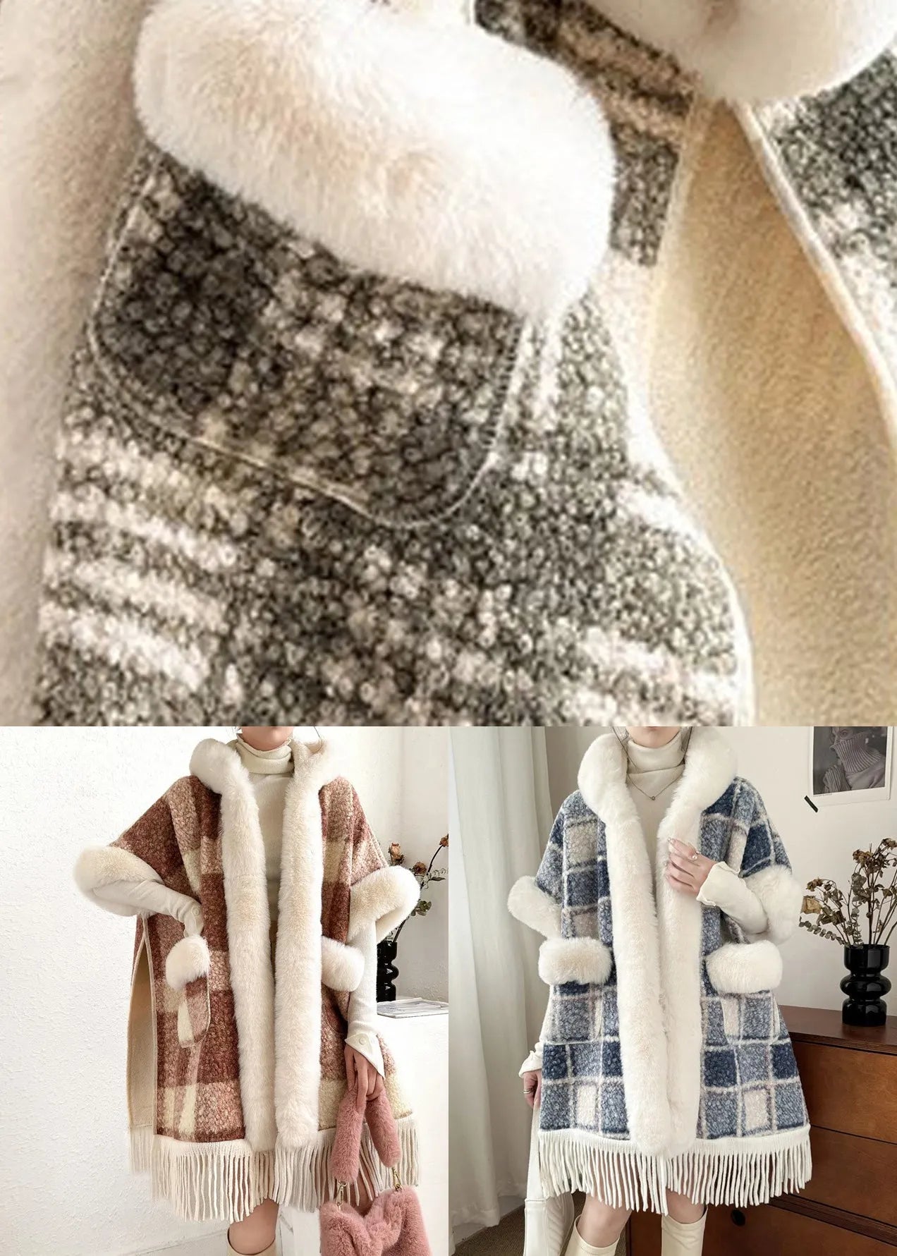 Orange Fur Collar Tasseled Warm Fleece Cape Coats Half Sleeve