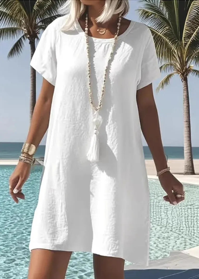 Loose Blue O-neck Cotton Mid Dress Summer