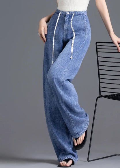 Diy Blue High Waist Drawstring Denim Pants Spring