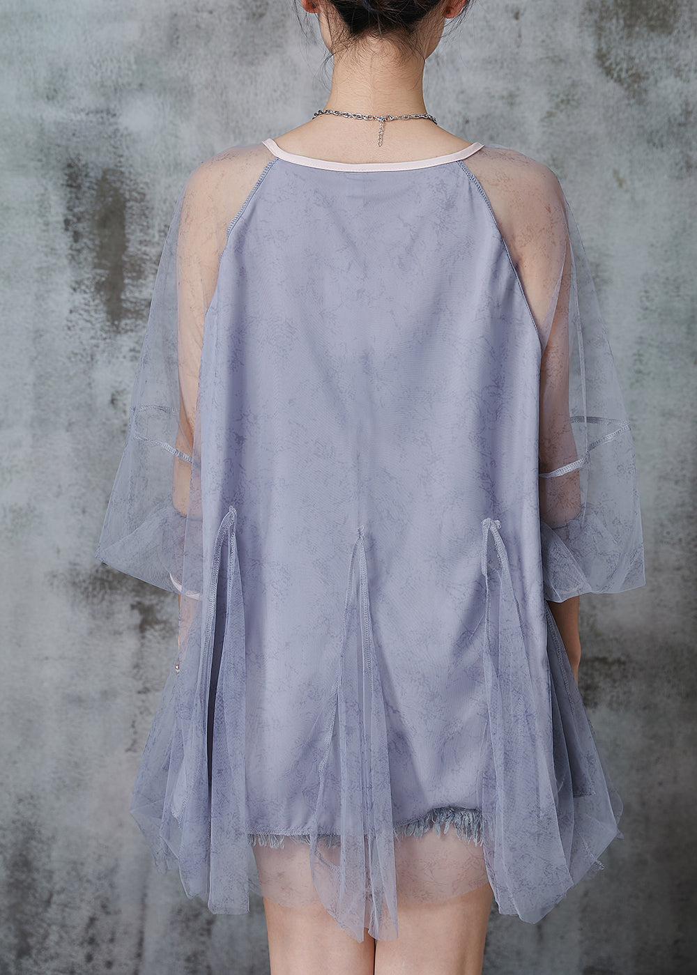 Grey Oversized Patchwork Tulle Top Summer