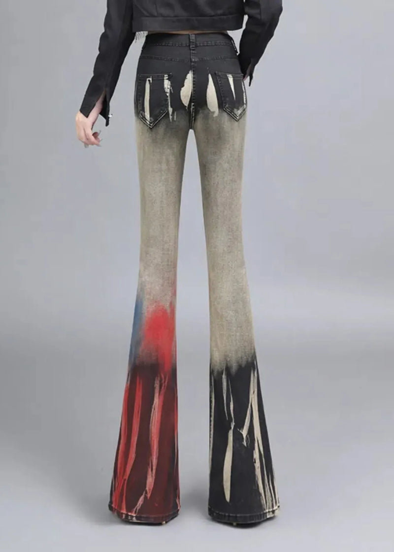 Asymmetrical Tie Dye Denim Bell-bottom Trousers Spring