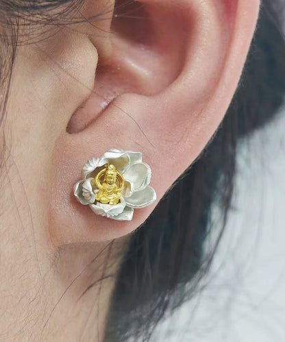 Original Design Silk Lotus Sees Buddha Silver Stud Earrings