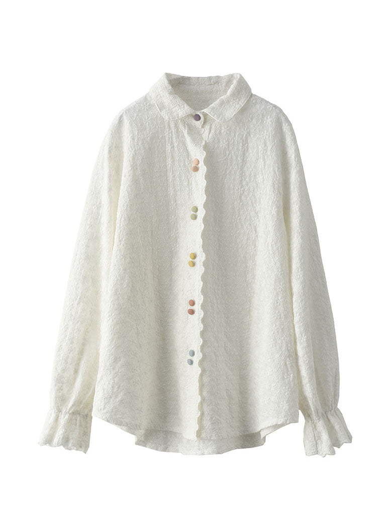Classy White Peter Pan Collar Embroidered Cotton Shirts Top Long Sleeve