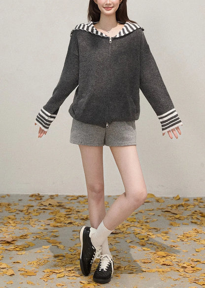 French Grey Zip Up Patchwork Shawl Knit Coats Winter