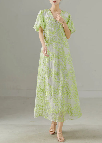 Fluorescent Green Embroidered Silk Holiday Dresses Summer