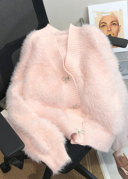 Pink V Neck Button Mink Hair Knitted Cardigan Winter