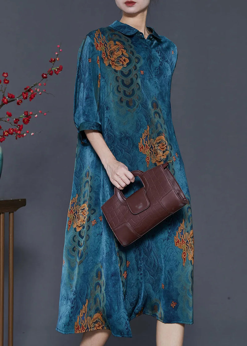 Blue Print Side Open Silk a Line Dress Summer