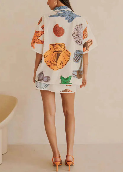 Loose White Print Lace Up Shirts and Skirts Two Pieces Set Summer