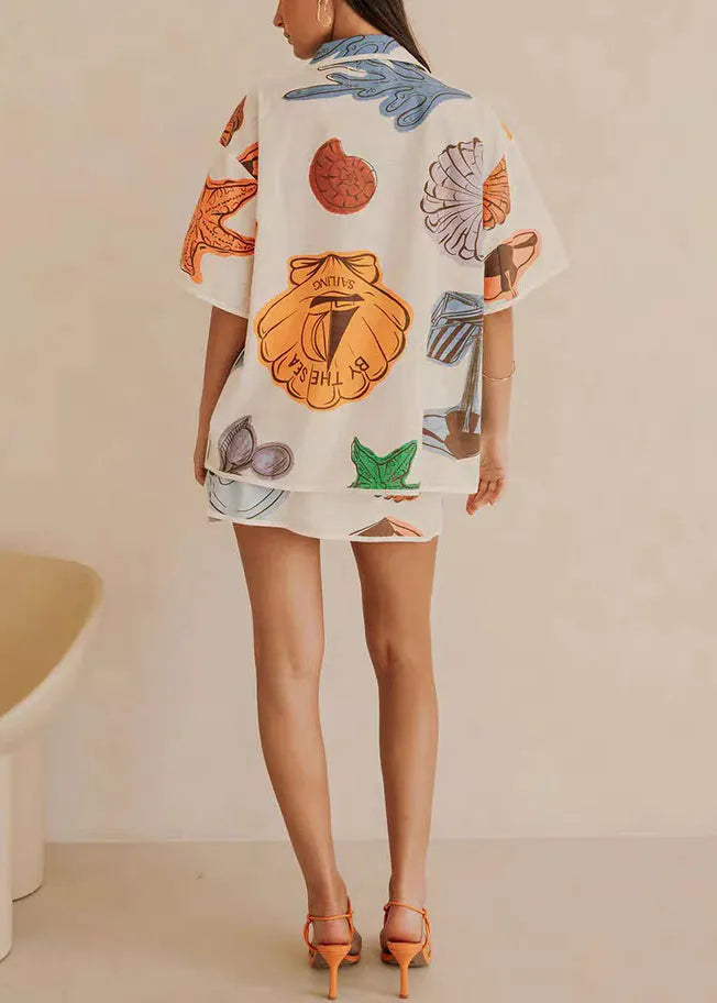 Loose White Print Lace Up Shirts and Skirts Two Pieces Set Summer
