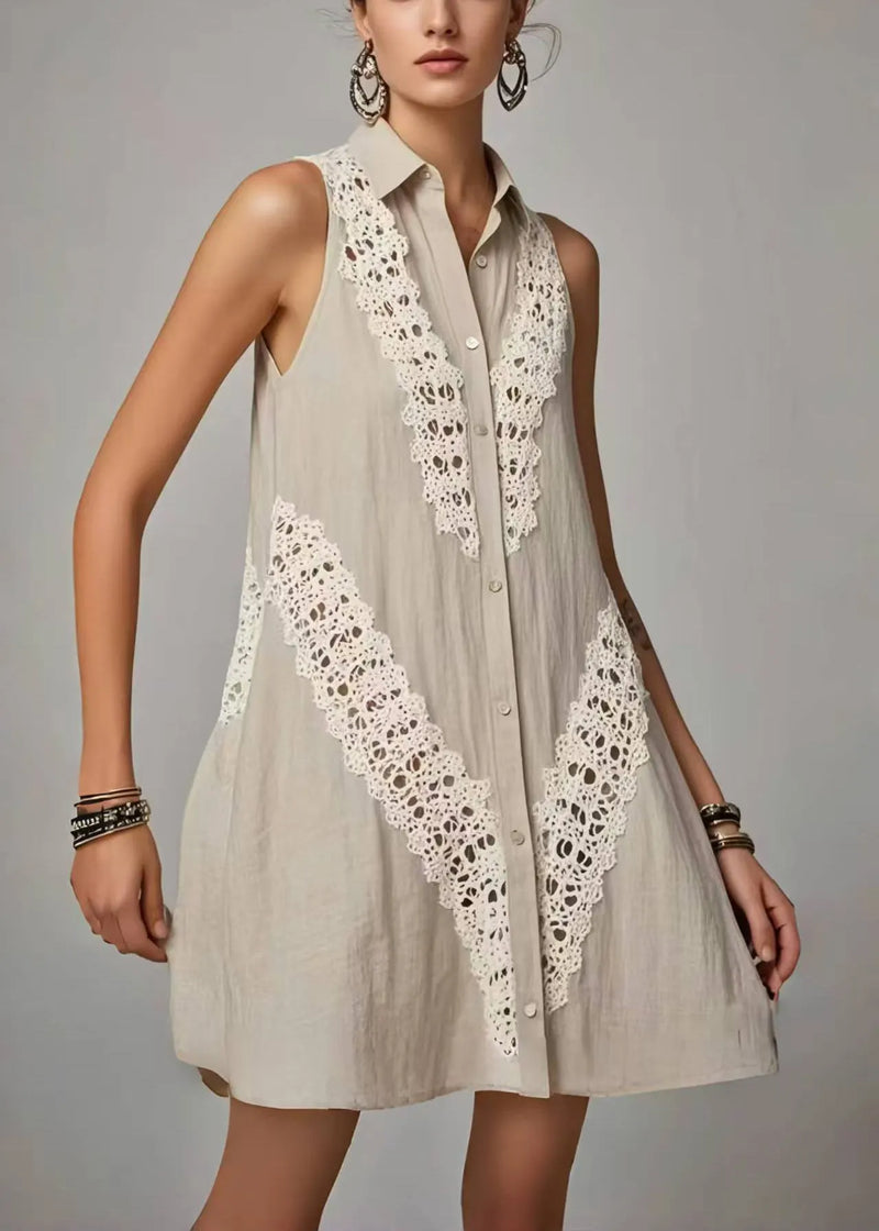Grey Peter Pan Collar Patchwork Lacen Day Dress Sleeveless