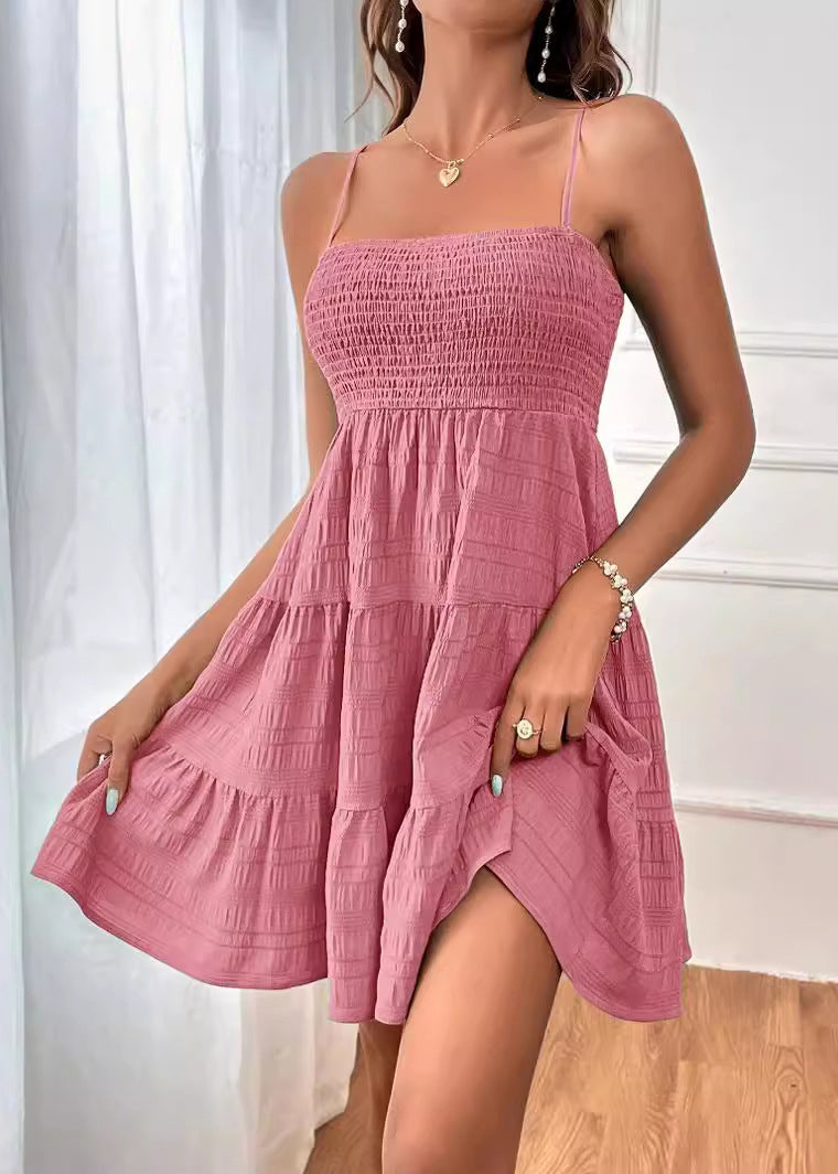 Modern Royal Blue Wrinkled Cotton Mini Spaghetti Strap Dress Summer