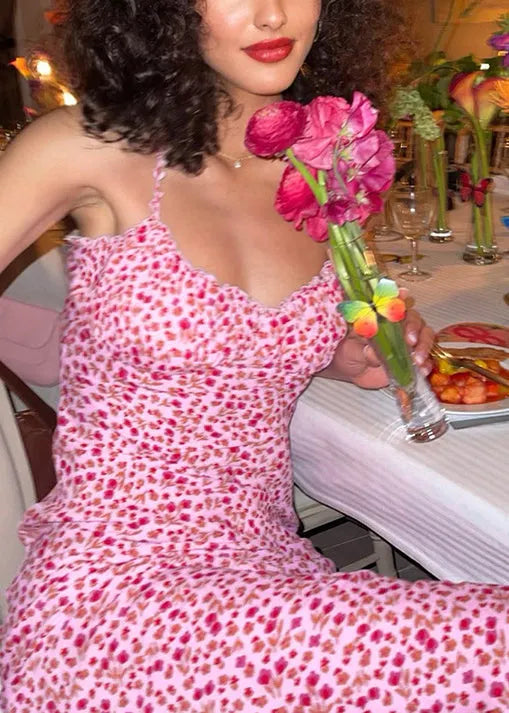 Stylish Pink Print Cotton Spaghetti Strap Dress Summer